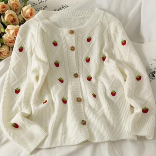 Strawberry Embroidery Sweet Knitted Cardigans Long Sleeve Loose Mujer Chaqueta Autumn Single Breasted O Neck Sweaters Women