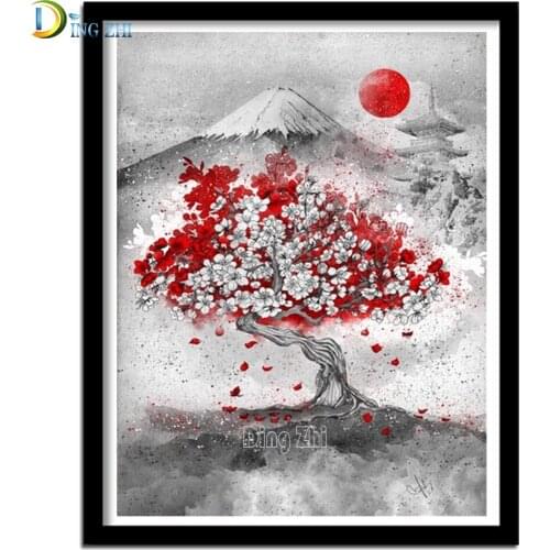 Japanese Ink Mount Fuji Cherry Blossoms Pattern Diamond Painting Cross Stitch Diamond Embroidery Mosaic Hobby Room Decor