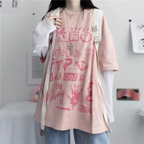 Autumn Women Casual Pink Tshirt Cartoon Funny Girl Streetwear Tees Female Tops Tee Long Sleeve Patchwork T Shirt Hip Hop Clothes