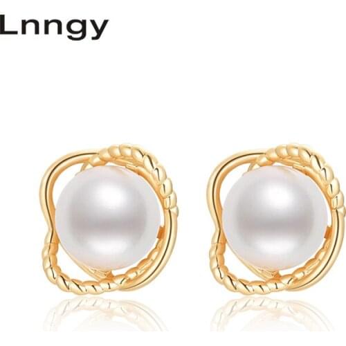Lnngy 14K Gold Filled Earrings 7.5-8mm Natural Cultured Freshwater Pearl Twisted Stud Earrings Women Party Earrings Fine Jewelry