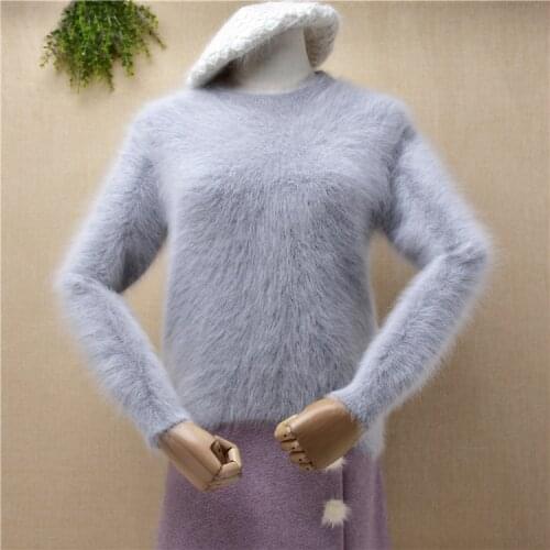 Ladies women fashion hairy mink cashmere knitted long sleeves slim blouses pullover angora fur winter jumper sweater pull tops
