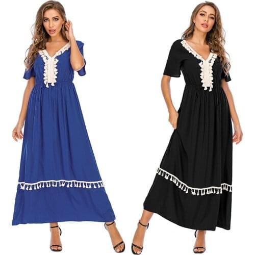 New Womens Middle East Contrasting Color Fringe Long Skirt Explosive Aunt Loose Muslim Dress Turkish Abaya Jilbab Dress