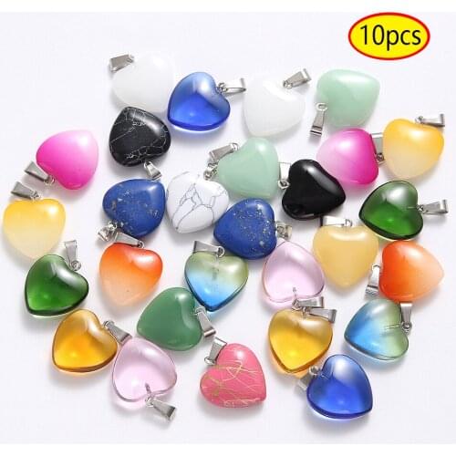 10pcs Mixed Colorful Heart Shape Natural Stone Pendant Crystal Men Women Gem Stone Quartz Pendants DIY Necklace Accessories