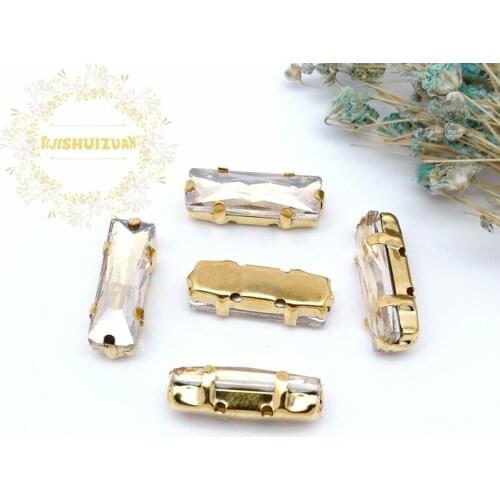 5*10mm 5*15mm 20pcs Champagne Rectangular Crystal Glass Sewing Rhinestones with gold Claw Diy wedding Dress and Bags