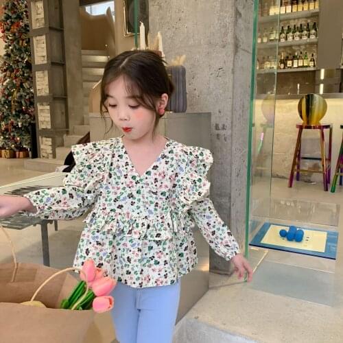 Kids Blouses New Summer Clothes Baby Girls Floral Print Blouse Toddler Ruffle Fly Long Sleeve Girl V-Neck Casual Colorful Tops