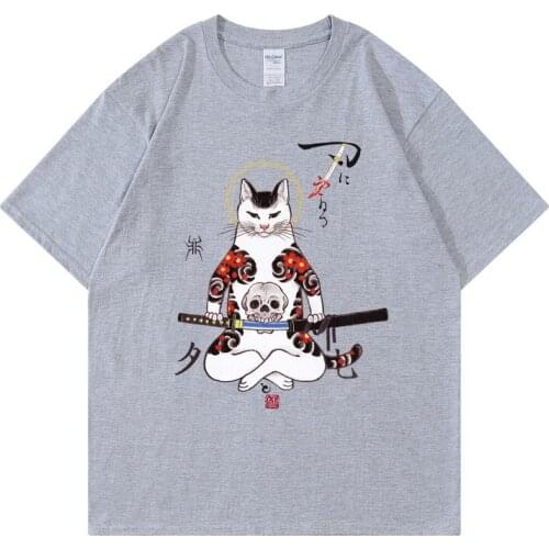 Hip Hop T Shirt 2021 Men Streetwear Cat Warrior Print T-Shirt Harajuku Cotton Casual Tshirt Summer Short Sleeve Tops Tees