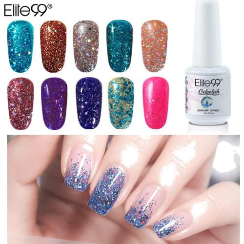 Elite99 Sequins Nail Gel Lacquer Semi Permanent Glitter Varnish Soak Off Nail Primer Base and Top Coat for Gel Polish 8ml