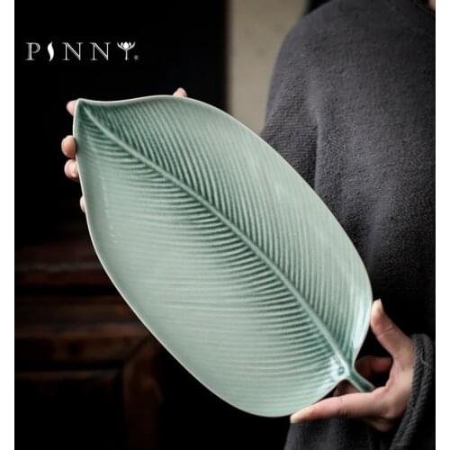 PINNY Ceramic Cyan Glaze Leaves Teapot Trivets Kung Fu Tea Accessories Pigmented Retro Fruit Dish Teapot Crafts Tray