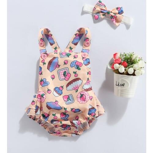 FOCUSNORM 0-24M Newborn Baby Girls Boys Cute Rompers Headband Ice Cream Printed Sleeveless Backless Jumpsuits