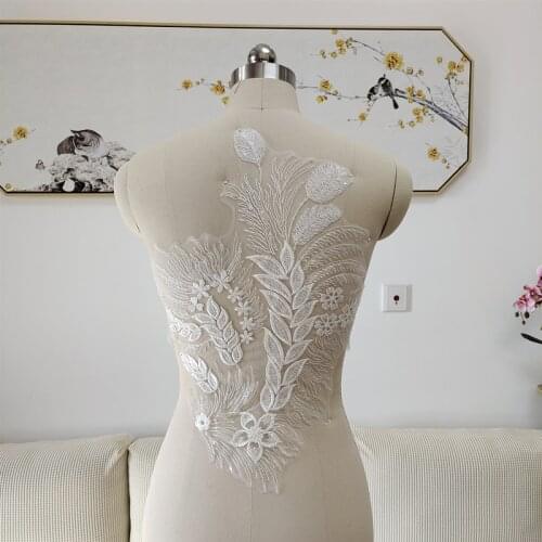 Leaves Sequins beaded lace appliques for wedding dresses white mesh lace appliques patches Embroidery patch lace flowers