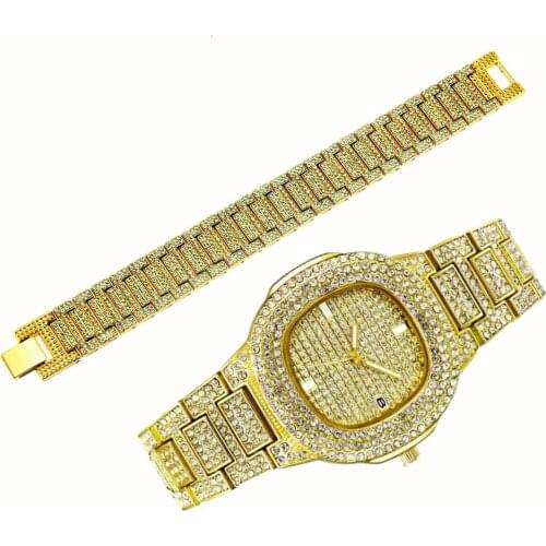 Iced Out Bracelet + Watches for Men Iced Out Watch Business Quartz Wristwatch Hip Hop Gold Diamond Mens Watch Set Reloj Hombre