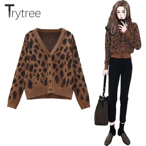 Trytree 2020 Autumn Woman Casual Sweater Leopard V-neck Single Breasted Cardigan Women High Street Sweater Short Knitted Coat