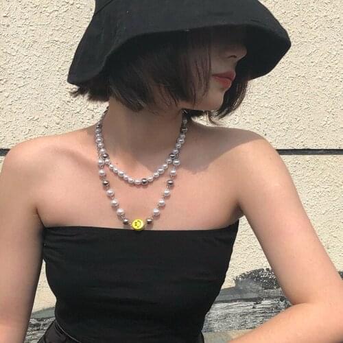 POTCET Unisex Stainless Steel Pearl Smiley Titanium Steel Necklace Pendant Geometric Fashion Hip Hop Party Jewelry