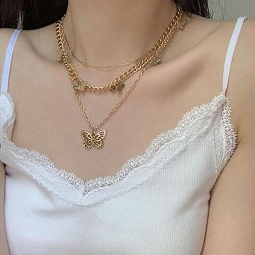 Vintage Multilayer Pendant Butterfly Necklace for Women Moon Charm Choker Pendant Necklaces Boho Fashion Jewelry Gift