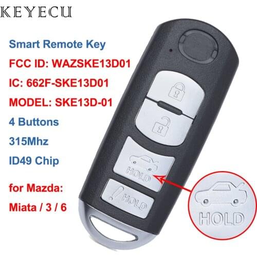 Keyecu Replacement Remote Key Fob 4 Buttons FSK 315MHz ID49 for Mazda 3 6 MX-5 Miata 2013 2014 2015 2016, SKE13D-01 / 02