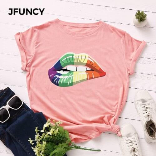 JFUNCY Plus Size Women T-shirts Female Short Sleeve Tee Tops Lips Print Woman Casual Tshirt 2020 Summer Cotton T Shirt