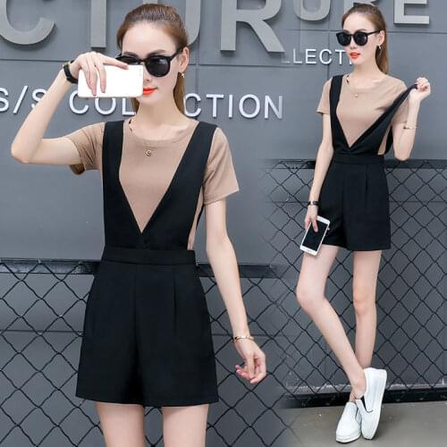 2020 New Summer Women Clothes Fashion Short Sleeved T Shirt Tops + Ladies Overall Wide Leg Shorts Casual Two Pieces Set Z09