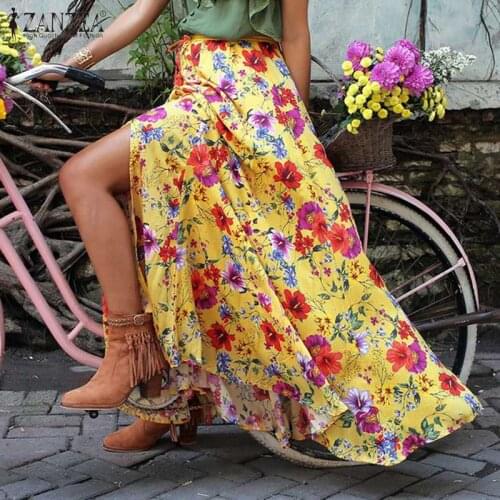Womens Holiday Beach Long Skirt Female Bohemian Mujer Faldas ZANZEA Fashion Floral Print Bottoms Casual Elastic Waist Skirts