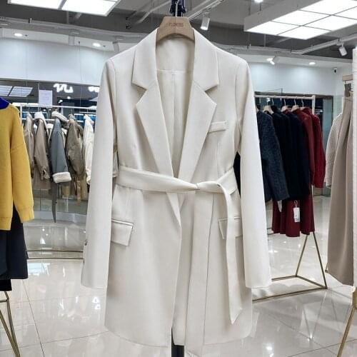 Beige Suit Jacket Female Korean Loose Fashion Slim Mid-Length 2021 Autumn British Style Blazer With Tie Belt Women Coat L26