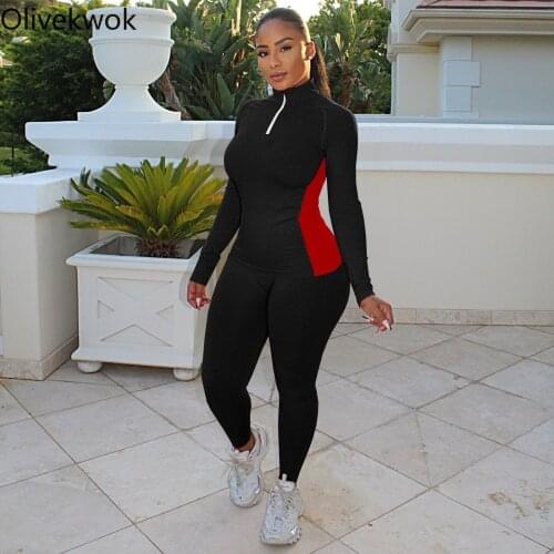 Olivekwok Woman Fashion Solid Two Piece Sets Long Sleeve Tracksuits Street Wear Casual Autumn Zipper Patchwork Pants Sets