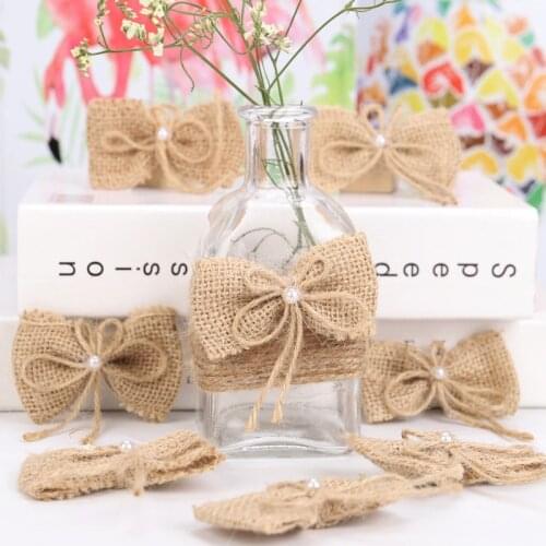 5/10pcs Wedding Decor Burlap Bow Pearl Beads Jute Rope Burlap Bowknots Rustic Wedding Decoration for Home Christmas DIY Supplies