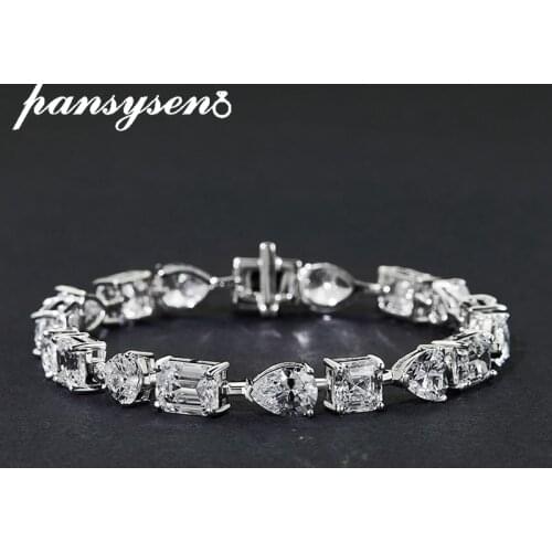 PANSYSEN Charm 15-17CM Pure 925 Sterling Silver Lab Moissanite Diamond Bridal Wedding Enagegement Bracelet Gemstone Fine Jewelry