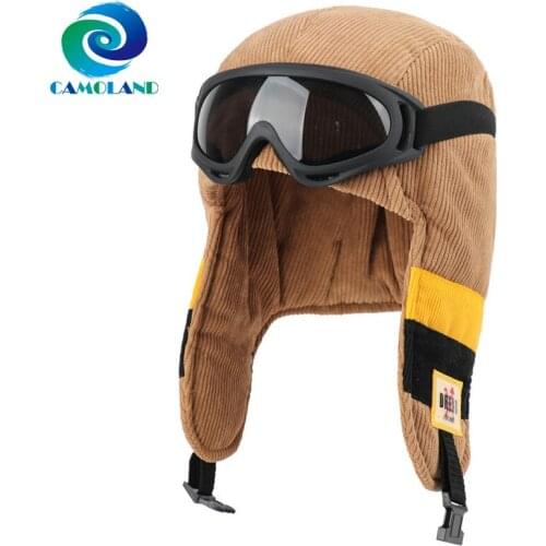 CAMOLAND Winter Warm Corduroy Bomber Hat Women Men Russia Ushanka Hat Windproof Earflap Cap Outdoor Snow Skiing Cap With Goggles
