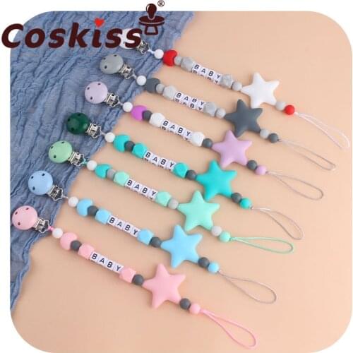 Coskiss DIY Personalized Name Pacifier Clip Holder Chain Silicone Pacifier Chains Five-pointed Star Teether Teething Chain
