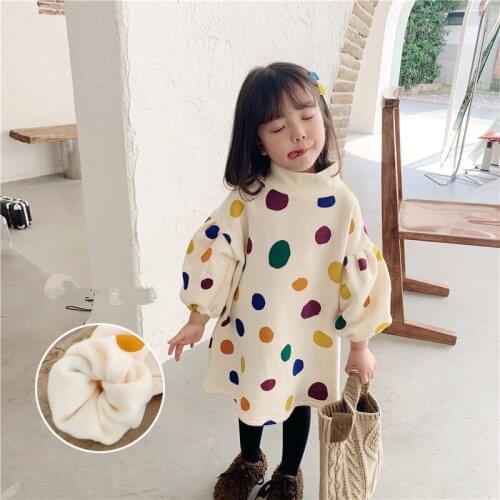 Kids Dresses For Girls Autumn Winter New Baby Girls Dots Plus Velvet Warm Dress Korean Cute Puff Sleeve Thick Toddlers Dress