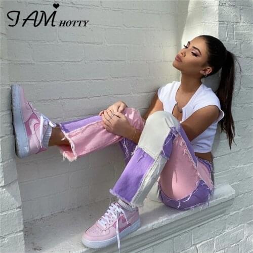 IAMHOTTY Cotton Patchwork High Waist Straight Jeans Women Design Wide Leg Streetwear Fashion Denim Pants Gym Trousers Outfits