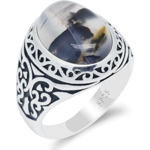 100% 925 Sterling Silver Wedding Rings For Men and Women Oval Natural Agate Stone Vintage Butterfly Punk Style Signet Ring