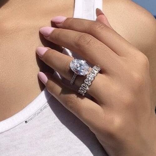 Luxury 100% 925 Sterling Silver oval Created Diamond Wedding Engagement Cocktail Women Diamond Band Rings set Fine Jewelry