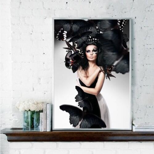 Beautiful Woman with Black Hair Print Black Butterflies Makeup Art Poster Photography Picture Bedroom Wall Decor Canvas Painting