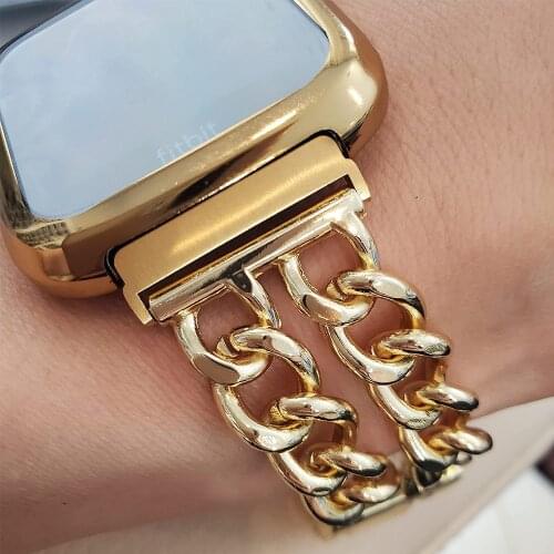 Metal Band for Fitbit Versa 2, Versa, Versa Lite Edition Stainless Steel Strap Replacement Wristband Bracelet Cowboy Chain Strap