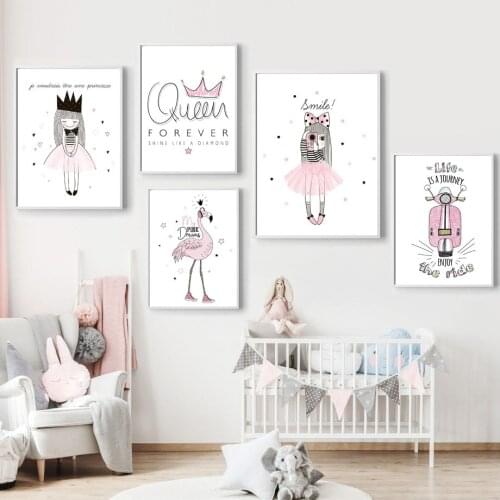 Cartoon Pink Girl Princess Queen Crown Flamingo Nordic Posters And Prints Wall Art Canvas Painting Wall Pictures Kids Room Decor