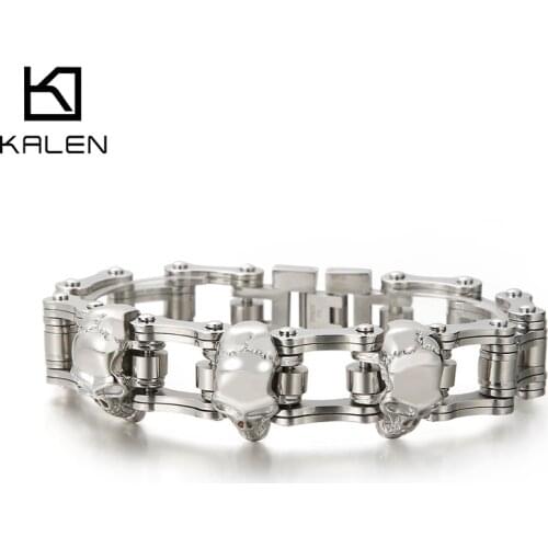 Kalen 16mm Shiny Skull Motorcycle Chain Mens Bracelet 316L Stainless Steel Jewelry