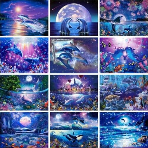 Huacan Diamond Painting Kit Dolphin Mosaic Night Animal Embroidery Sea Scenery Cross Stitch Home Decor Diamond Art