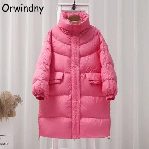 Orwindny 2021 Womens Long Jackets White Duck Down Warm Coat Office Lady Stand Collar Clothing Snow Wear Female