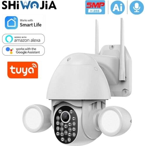 SHIWOJIA WIFI 5MP Tuya Floodlight Courtyard Lighting Camera AI Mobile Detection Outdoor Security CCTV Camera With Google Alexa