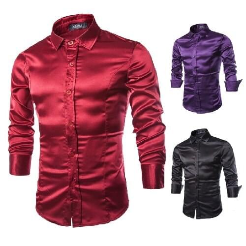 Night Club Wear Mens Elastic Shirts Slim Fit Fashion Stylish Shiny Silk Shirt Mens Shirts Long Sleeve Chemise Homme Clothing
