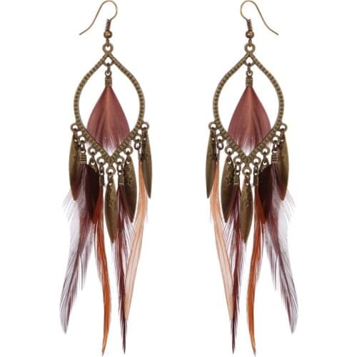 Extra-long Womens Bohemian Earrings with Brown Feathers Lever Back Hook Natural Feather Gypsy Hipster Earrings Feather #JW4-G-4