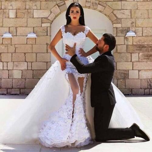 Unique Arabic White Lace Mermaid Bridal Wedding Gowns With Train Cap Sleeve Sweetheart Wedding Dresses for Bride Illusion Bottom