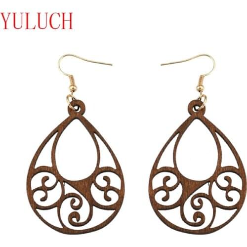 YULUCH Ethnic Vintage Wooden Drop Openwork Auspicious Pattern Pendant for African Woman Fashion Earrings Jewelry Gift