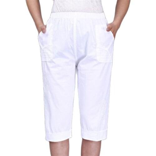 Woman Spring Plus Size 100% Cotton Pants Female Summer Oversized Thin Trousers Women Elastic Waist Capris Lady Knee Length