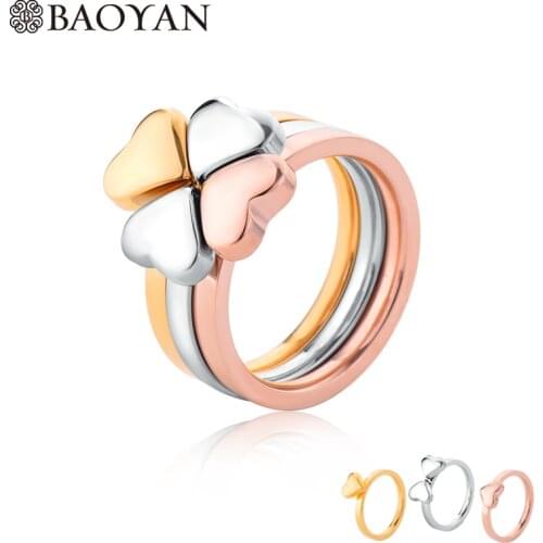 Baoyan 3 in 1 Four Leaf Clover Ring Tri Color Love Heart Wedding Ring Set Wholesale Stainless Steel Bridal Ring For Women Ladies