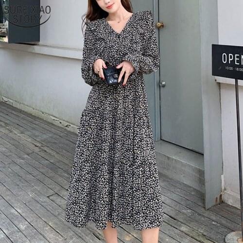 New Korean Flower Dresses Ladies V Neck Chiffon Dress Vintage Plus Size Long Dresses A Line Printing Party Dress Vestidos 13197