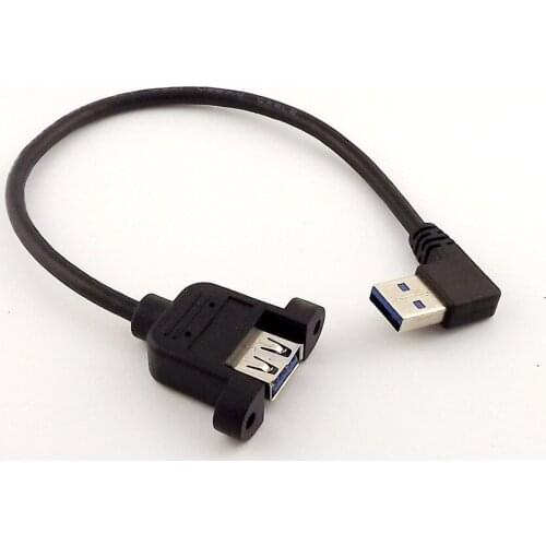 10pcs Black 25cm USB 3.0 A Female Jack Panel Mount to Male Plug Left Angled Extension Cable
