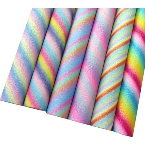 135x30cm Rainbow Stripe Printed Fine Glitter PU Faux Soft Leather Fabric Sheet for Making Bag Decoration Craft Bow Key Chain