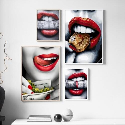 Abstract Sexy Girl Red Lips Gold Money Wall Art Canvas Painting Nordic Posters And Prints Wall Pictures For Living Room Decor