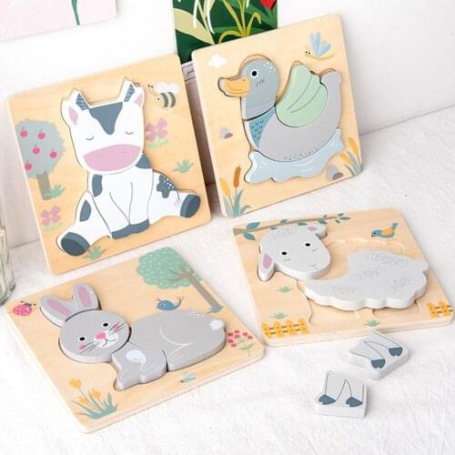 Wooden Puzzles Cartoon Animal Three-dimensional Jigsaw Puzzles Kids Cognitive Montessori Wood Toys Early Educational Toys Gifts